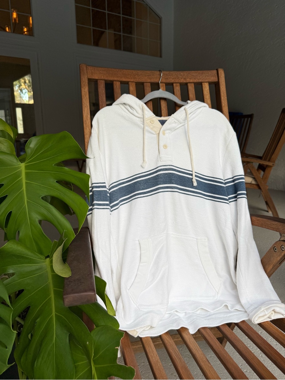 American Eagle Outfitters Cream Hooded Pullover with Navy Stripe